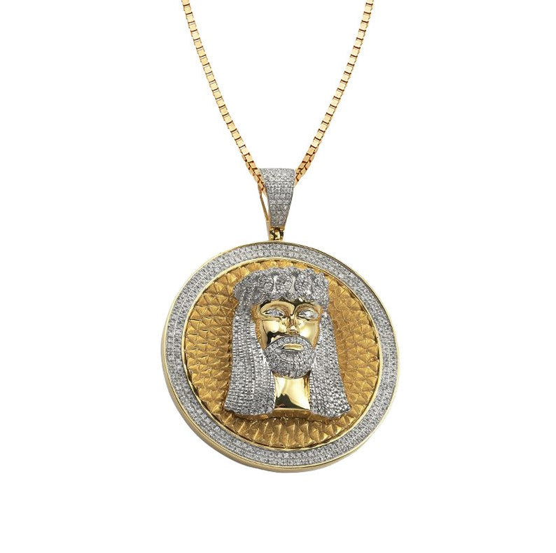 Solid Yellow Gold Diamond Miami Cuban Jesus Medallion - Spike Background - Jesus Medallion Diamond Necklace