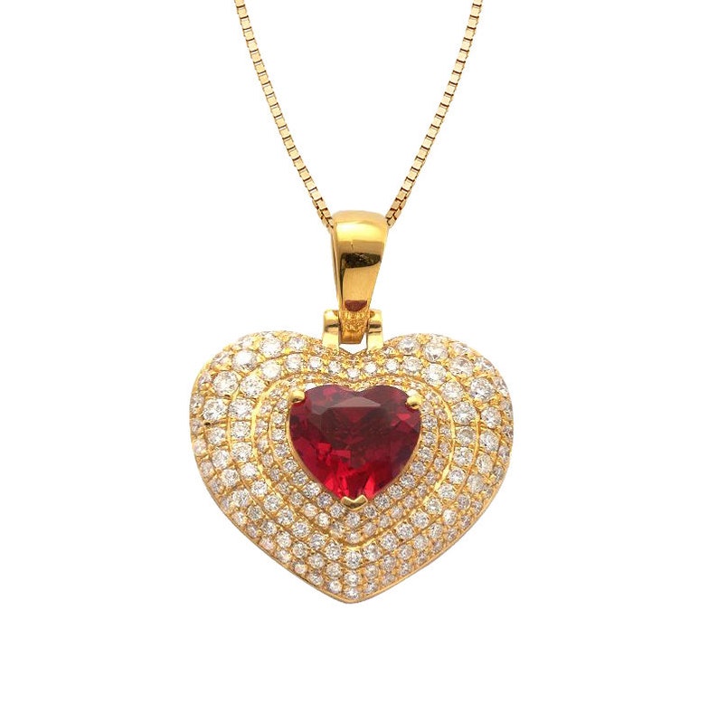Solid Yellow Gold Diamond 1.85 CTTW 3D Heart Pendant - 9CT Synthetic Ruby - Real Diamond Ruby Heart Necklace