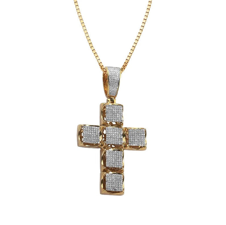 Solid Yellow Gold Diamond Square Face Cross Pendant - Diamond Cross Square Necklace - Suare Face Cross Diamond Necklace