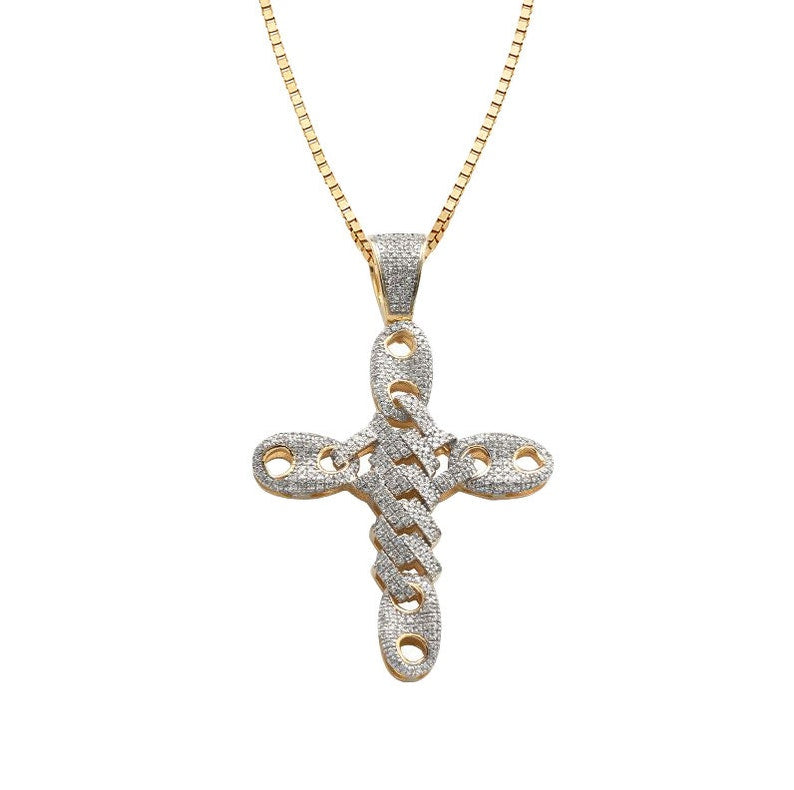 Solid Yellow Gold Diamond Square Link Gucci Link Cross Pendant - Solid Yellow Gold Diamond Square Link Cuban Miami Link Cross Necklace