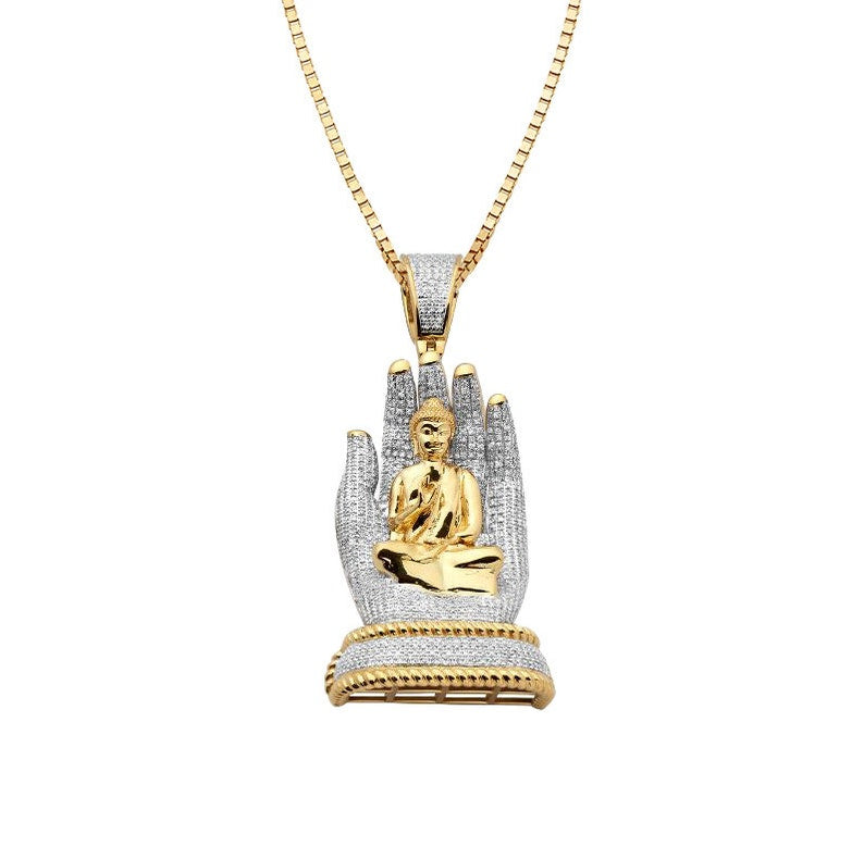 Solid Yellow Gold Diamond Buddha Hand Pendant - Large Buddha Hand Diamond Necklace
