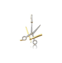 Load image into Gallery viewer, Solid Yellow Gold Diamond Barber Scissors and Blade Pendant - Diamond Blade Pendant - Diamond Scissor Pendant
