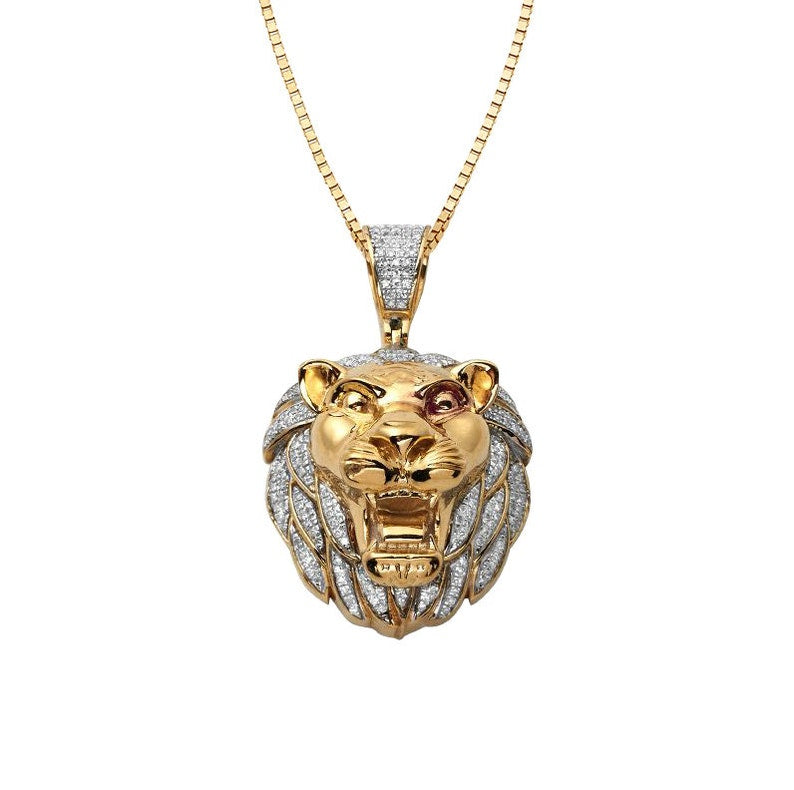 Solid Yellow Gold Diamond Lion Head Pendant - Diamond Lion Head Pendant - King Head Necklace - King Diamond Necklace