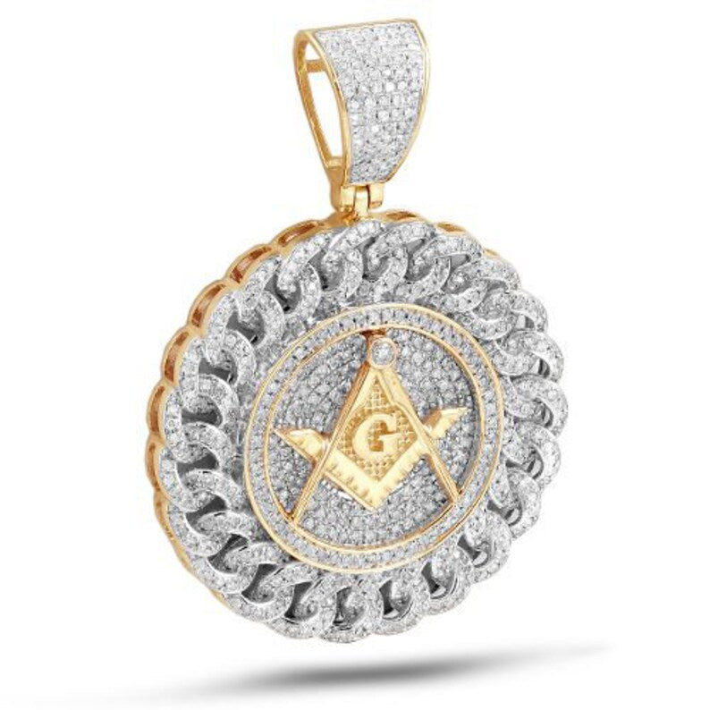 Solid Yellow Gold Diamond Greek Key Masonic Medallion - Diamond Masonic Necklace