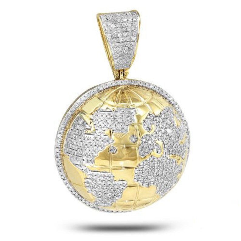 Solid Yellow Gold Diamond Globe Pendant - Real Diamond Globe Yellow Gold Necklace