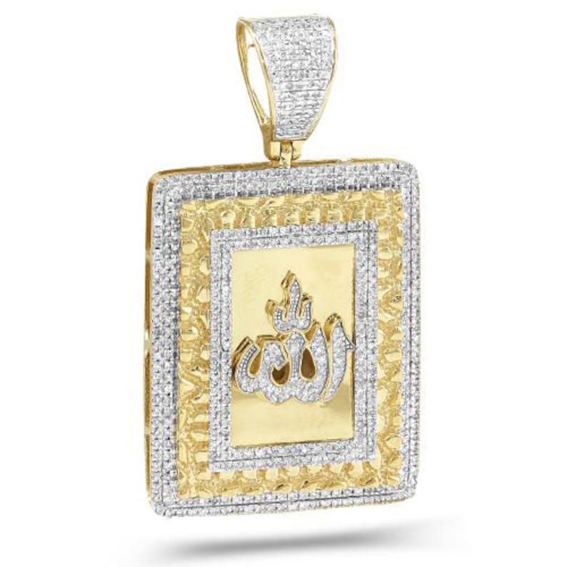 Solid Yellow Gold Diamond Greek Key Allah Dog Tag Pendant - Diamond Allah Dog tag Pendant