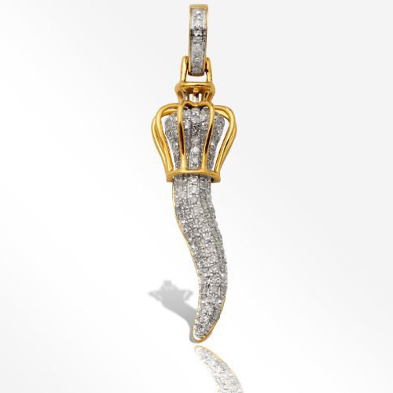 Solid Yellow Gold Diamond Italian Horn Pendant with Puffed Crown