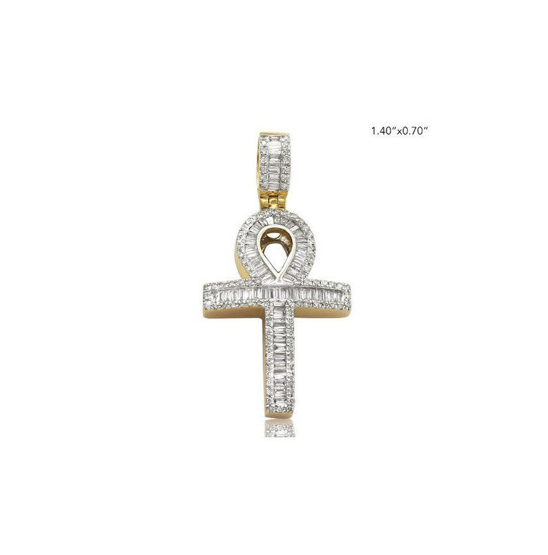 Solid Yellow Gold 0.75 CTTW Baguette Diamond ANKH Cross Pendant - Unique Real Diamond ANKH Cross Necklace