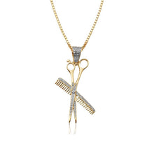 Load image into Gallery viewer, Solid Yellow Gold Diamond Barber Scissors and Comb Set Pendant - Diamond Barber Necklace
