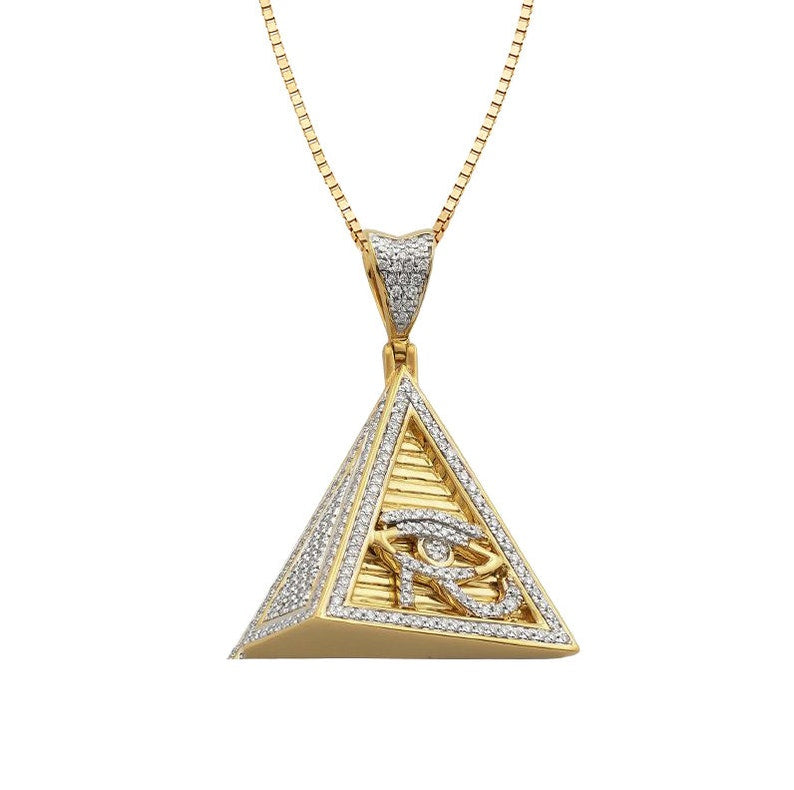 3D Solid Yellow Gold Diamond Evil Eye on Pyramid Necklace - Egyptian Pyramid with Evil-Eye Diamond Pendant
