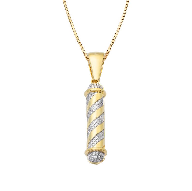 Solid Yellow Gold Diamond Barber Pole Pendant - Real Diamond Barber Sign Gold Necklace