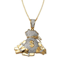 Load image into Gallery viewer, Solid Yellow Gold Diamond Money Bag with Stacks Pendant - High quality Unique Money Bag Necklace
