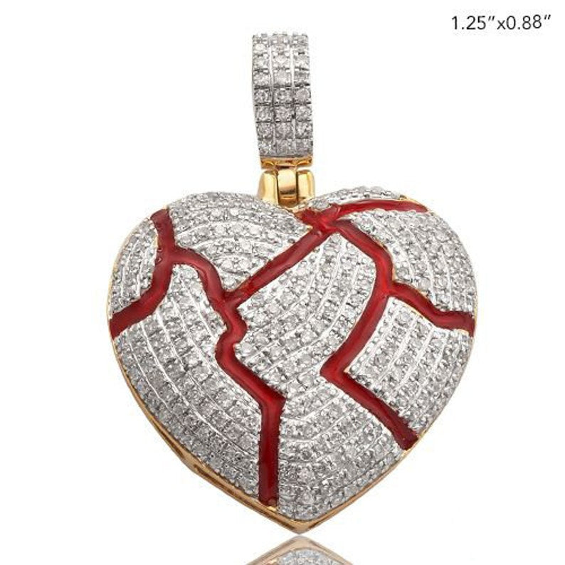 solid Yellow Gold Diamond Broken Heart Pendant - Real Diamond Heart Red Enamel Cracks Necklace