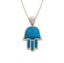 Load image into Gallery viewer, Solid Yellow Gold Diamond and opal Hamza Pendant - Real Green Gilson Opal Hand Hamsa - Real Diamond Hamas Hand
