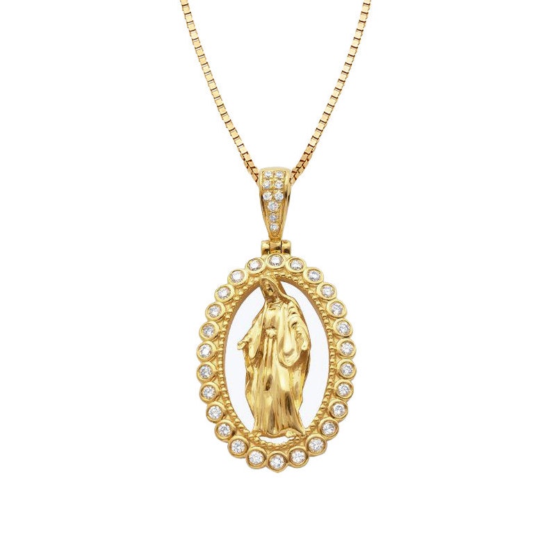 Solid Yellow Gold Diamond Virgin Mary Pendant - Real Diamond Virgin Mery Necklace