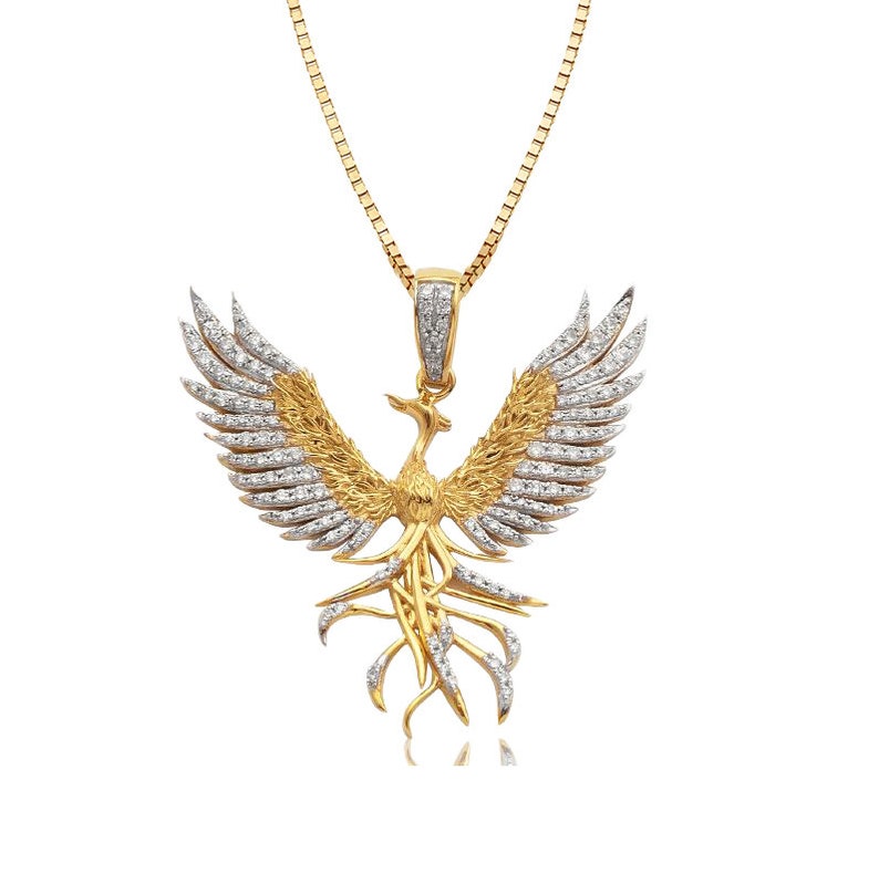 Solid Yellow Gold Diamond Phoenix Pendant - Diamond Phoenix Bird Necklace - Fire Bird Necklace - Simurgh Pendant - Good Luck Charm