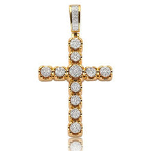 Load image into Gallery viewer, Solid Yellow Gold Diamond Round Cluster Cross Pendant - Solid Yellow Gold Diamond Round Cluster Cross Necklace
