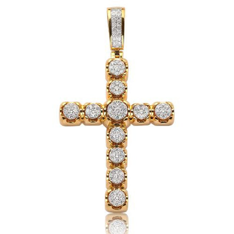 Solid Yellow Gold Diamond Round Cluster Cross Pendant - Solid Yellow Gold Diamond Round Cluster Cross Necklace