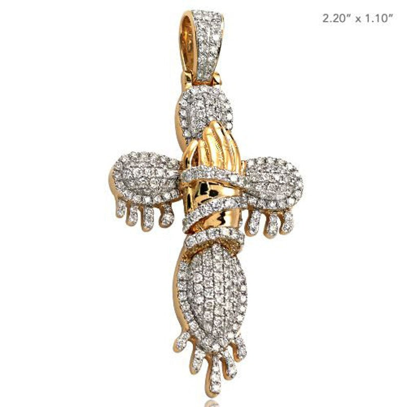 Solid Yellow Gold Dripping Bubble Cross with Praying Hands - Praying Hand Cross Diamond Necklace