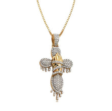 Load image into Gallery viewer, Solid Yellow Gold Dripping Bubble Cross with Praying Hands - Praying Hand Cross Diamond Necklace
