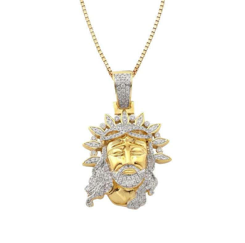 Solid Yellow Gold Diamond Jesus Face With Leaf Crown - Diamond Jesus Christ Necklace