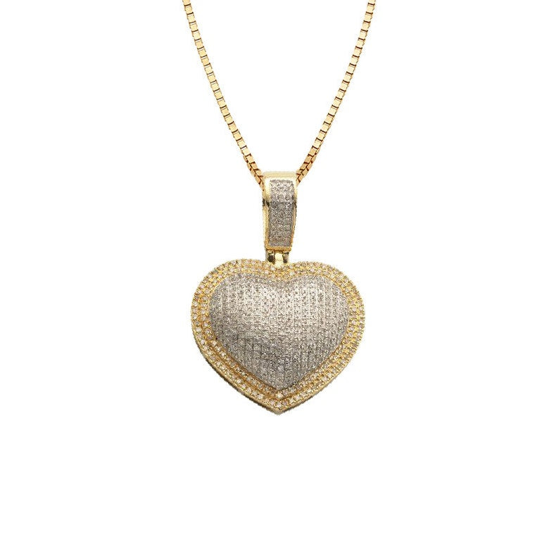 Solid Yellow Gold Diamond Puff Heart Pendant - Pave Heart Necklace - Diamond Heart Pendant - Dome Diamond Pave Heart Necklace,