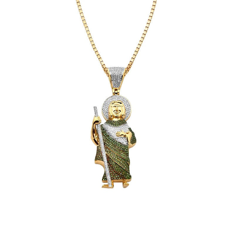 Solid Yellow Gold Diamond Green and White ST. Jude Religious Pendant - Diamond Saint Jude Religious Necklace