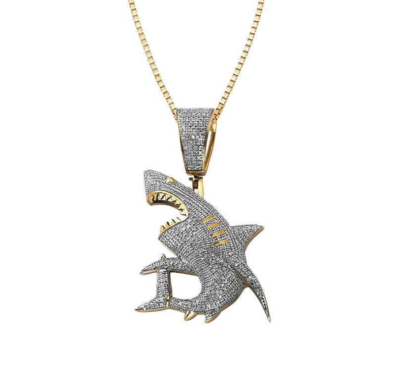 Solid Yellow Gold Diamond Shark Pendant - Diamond Shark Necklace - real Diamond ICY Necklace Shark Pendant