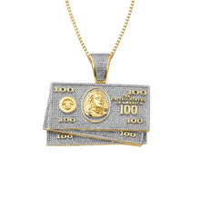 Load image into Gallery viewer, Solid Yellow Gold Diamond 100 Money Stack Pendant - Solid Yellow Gold 100 bill Money Necklace - 100 Dollars Diamond Bill Pendant
