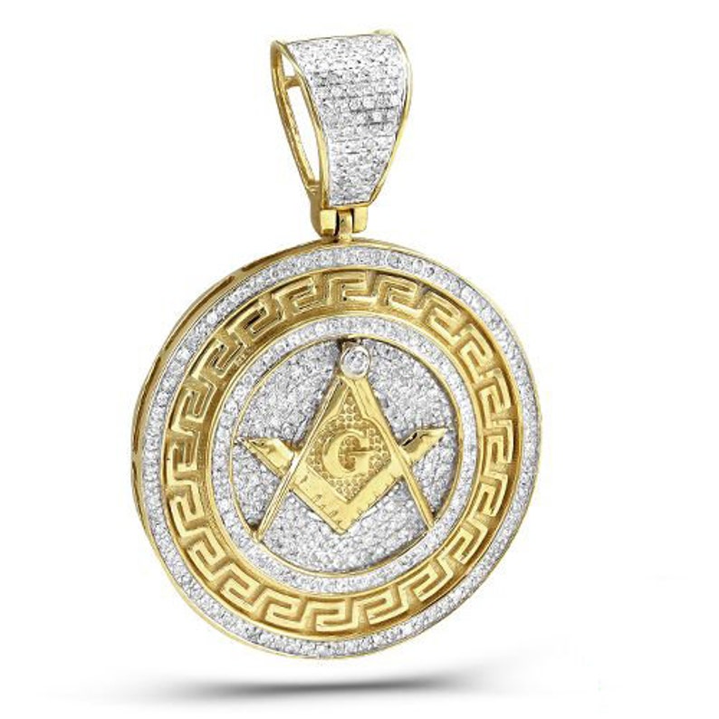 Solid Yellow Gold Diamond Greek Key Masonic Medallion - Diamond Masonic Necklace