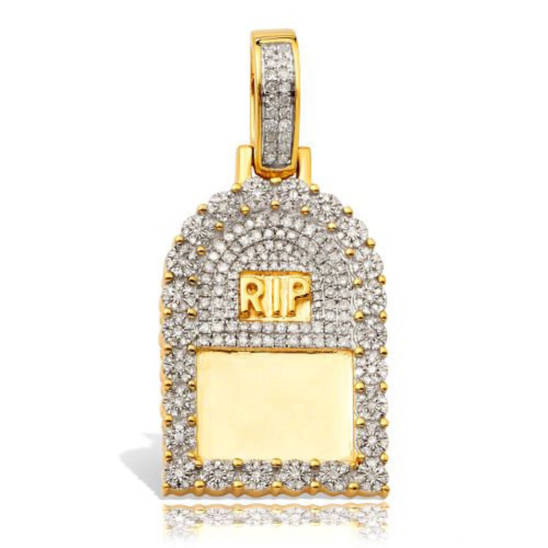 Solid Yellow Gold Diamond Tombstone Pendant - Real Diamond RIP Necklace