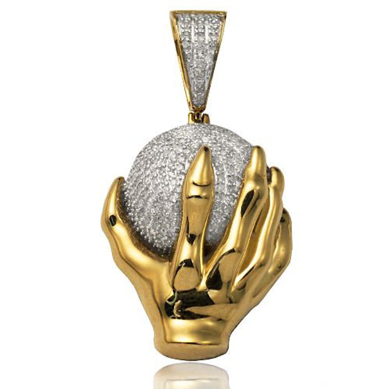 Solid Yellow Gold Diamond Monster Holding Ball Pendant - Diamond Monster Hand Holding Ball Necklace
