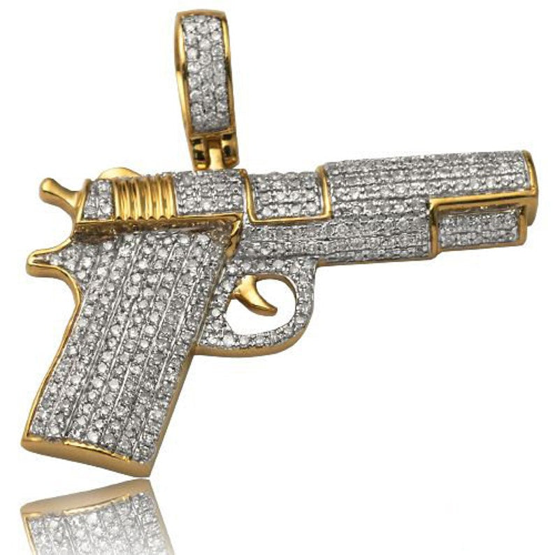 Solid Yellow Gold Diamond Handgun Pendant -Real Diamond Gun Necklace