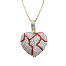 Load image into Gallery viewer, solid Yellow Gold Diamond Broken Heart Pendant - Real Diamond Heart Red Enamel Cracks Necklace
