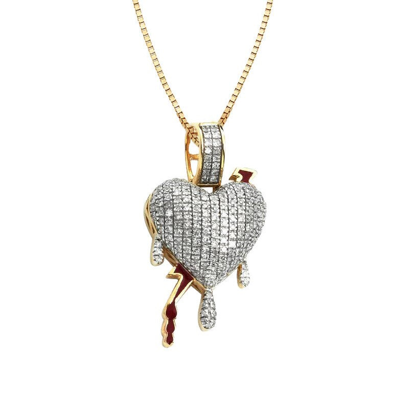 Solid Yellow Gold Diamond Dripping Heart Pendant - Mini Red Enamel Lighting Bolt Necklace