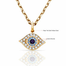 Load image into Gallery viewer, Solid 14k Yellow Gold Diamond Evil Eye Necklace- Sapphire Evil Eye Necklace- Nazar Hamsa Good Luck Pedant Necklace- Perfect for Everyday
