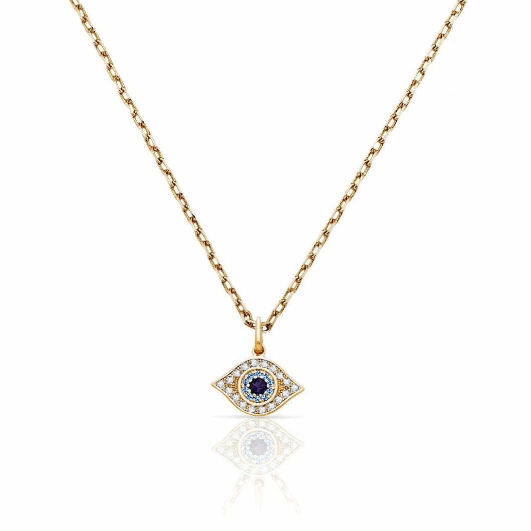 Solid 14k Yellow Gold Diamond Evil Eye Necklace- Sapphire Evil Eye Necklace- Nazar Hamsa Good Luck Pedant Necklace- Perfect for Everyday