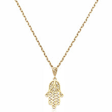 Load image into Gallery viewer, Solid 14k Yellow Gold Hand of Hamsa Necklace - Hand Star of David Pendant - Hand Of Fatma Gold - Hand Gold Necklace - Hamas Hand Necklace
